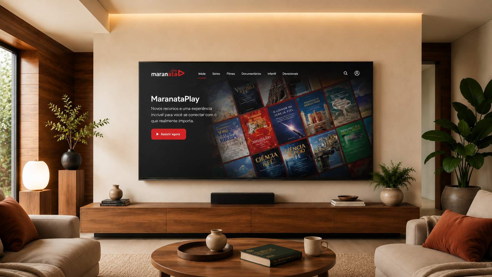 Sala de estar com uma TV grande exibindo a plataforma MaranataPlay