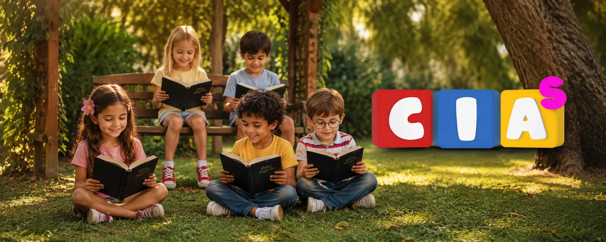 Crianças lendo a Bíblia ao ar livre, ao lado do logotipo CIAs